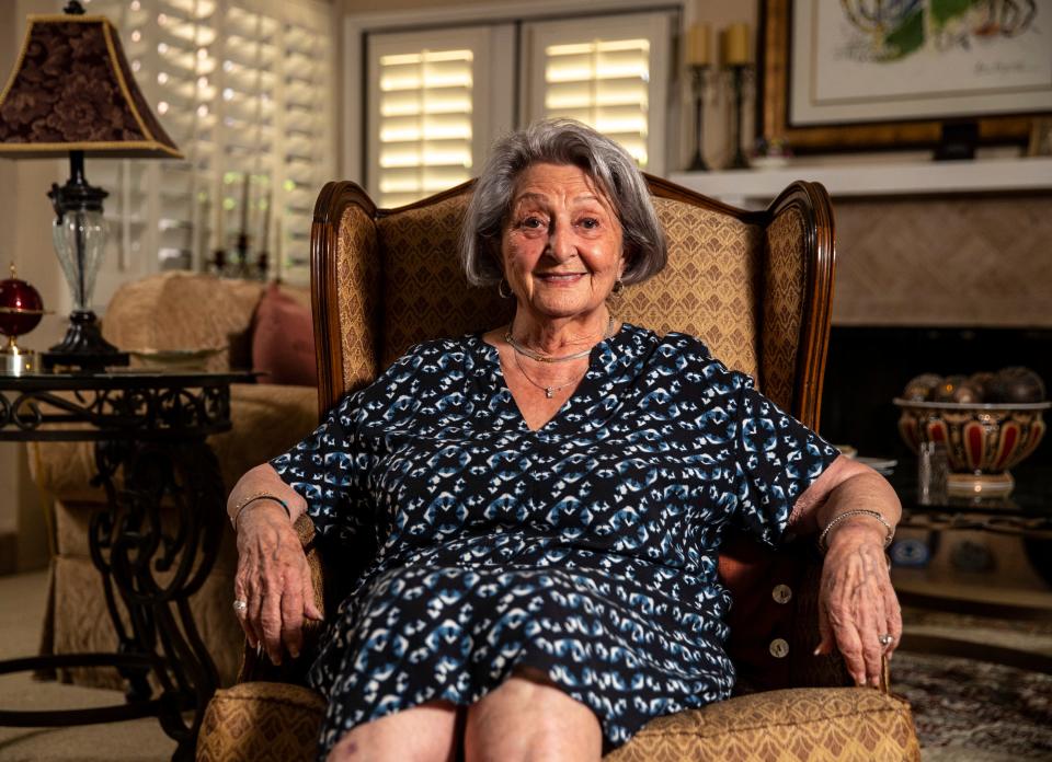 Holocaust survivor Rickie Taras poses for a photo in her home in Rancho Mirage on, July 25, 2023.