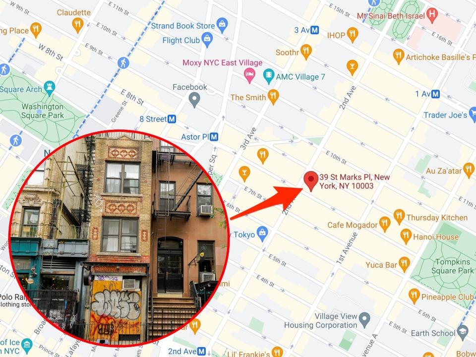 A map of the Lower East Side and the East Village shows an arrow pointing to 39 St. Mark's Place.