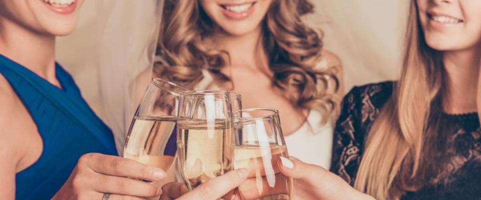 Closeup photo of cheerful girls celebrating a bachelorette party.