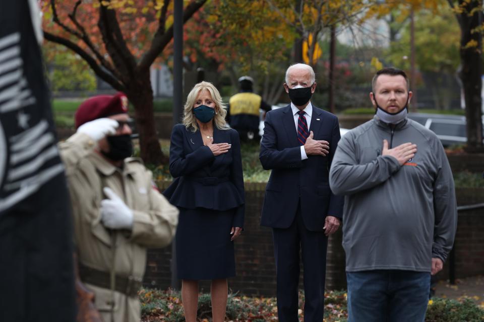 President-elect Joe Biden and Dr. Jill Biden honor military veterans with a stop at the Philadelphia Korean War Memorial at Penn's Landing on Veterans Day in Philadelphia, Pennsylvania. Mr. Biden continues the process of the presidential transition as President Donald Trump continues to contest the election.