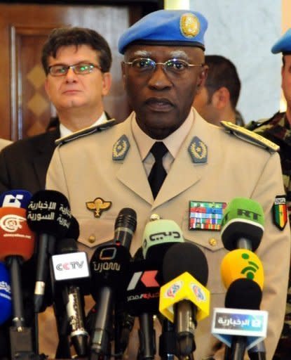 Senegalese General Babacar Gaye -- the new head of the UN Supervision Mission in Syria -- speaks to reporters at the Dama Rose hotel in Damascus. The Syrian army and rebels on Wednesday sent reinforcements to Aleppo to join the intensifying battle for the country's second city, as UN chief Ban Ki-moon urged the world "to stop the slaughter."