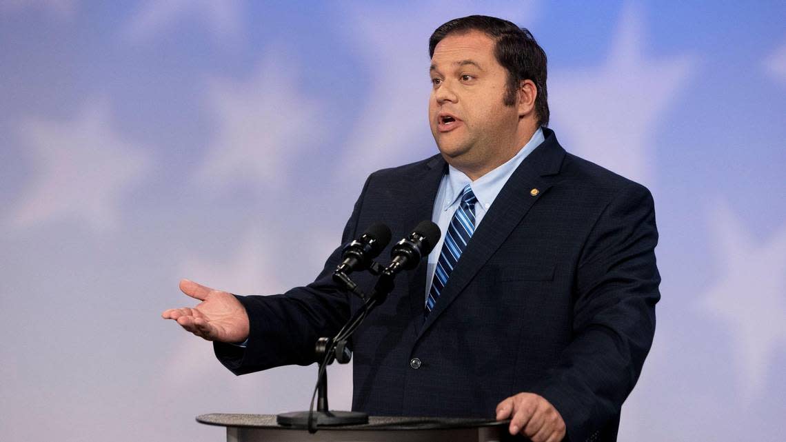 Idaho Democratic candidate for U.S. Senator David Roth presents his ideas and views challenging incumbent Republican Sen. Mike Crapo during a debate hosted by Idaho Public Television, Monday, Oct. 3, 2022, in Boise. Independent candidate Scott Cleveland also attended participated.