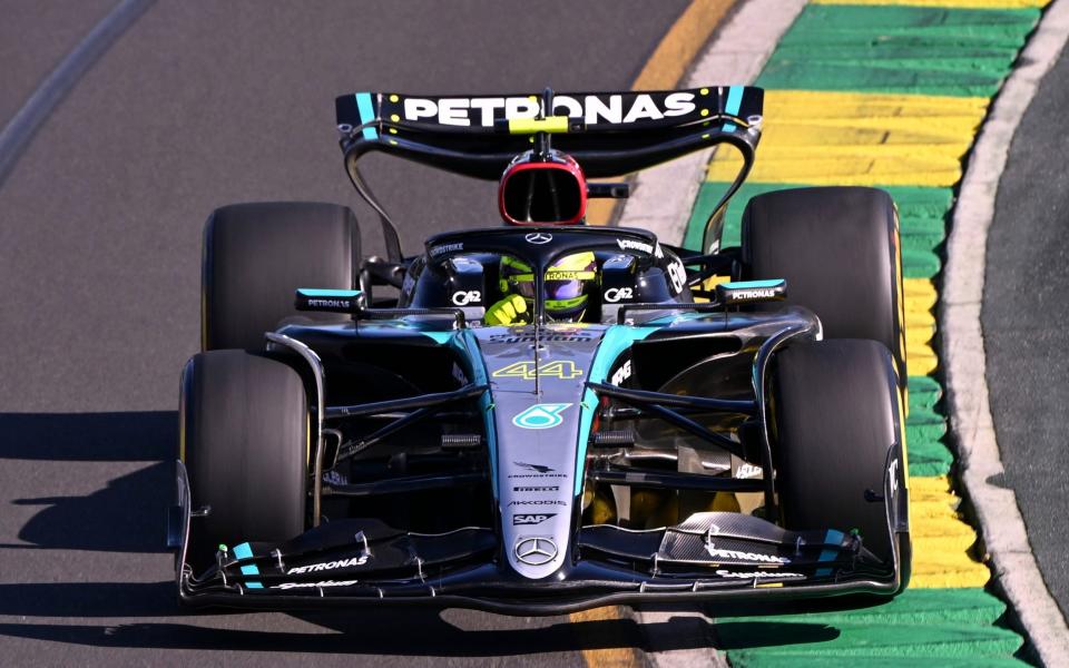 Mercedes' British driver Lewis Hamilton drives during the second practice session of the Formula One Australian Grand Prix at the Albert Park Circuit in Melbourne on March 22, 2024