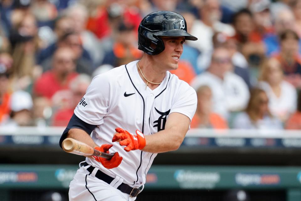 Detroit Tigers right fielder Kerry Carpenter hits an RBI single in the first inning against the Cincinnati Reds at Comerica Park on September 14, 2023 in Detroit, Michigan.