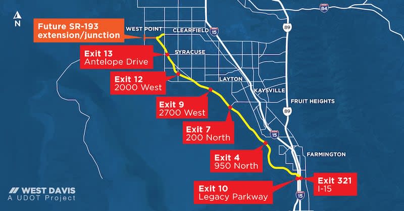 The image shows the entry and exit points to the West Davis Highway, which goes from Farmington to West Point. The $750 million roadway opened to traffic on Jan. 6.