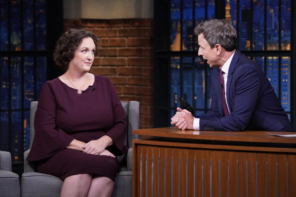 LATE NIGHT WITH SETH MEYERS -- Episode 893 -- Pictured: (l-r) Rep. Katie Porter during an interview with host Seth Meyers on October 2, 2019 -- (Photo by: Lloyd Bishop/NBCU Photo Bank/NBCUniversal via Getty Images via Getty Images)