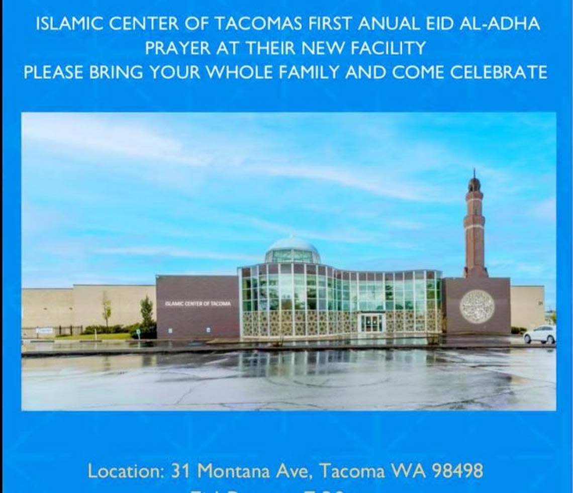 A rendering of the new Islamic Center of Tacoma at 31 Montana Ave. shows a minaret rising next to the building. Flyers with the image were handed out before the start of Eid al-Adha services on July 6, 2022 at the new mosque.