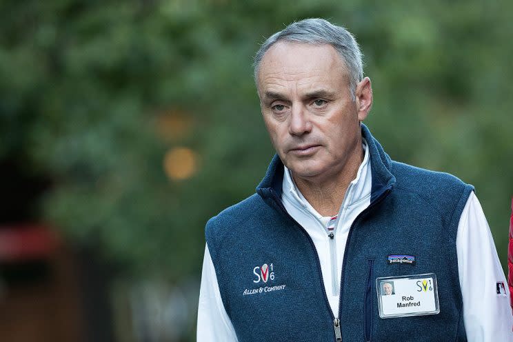 SUN VALLEY, ID - JULY 8: Rob Manfred, commissioner of Major League Baseball, attends the annual Allen & Company Sun Valley Conference, July 8, 2016 in Sun Valley, Idaho. Every July, some of the world's most wealthy and powerful businesspeople from the media, finance, technology and political spheres converge at the Sun Valley Resort for the exclusive weeklong conference. (Photo by Drew Angerer/Getty Images)