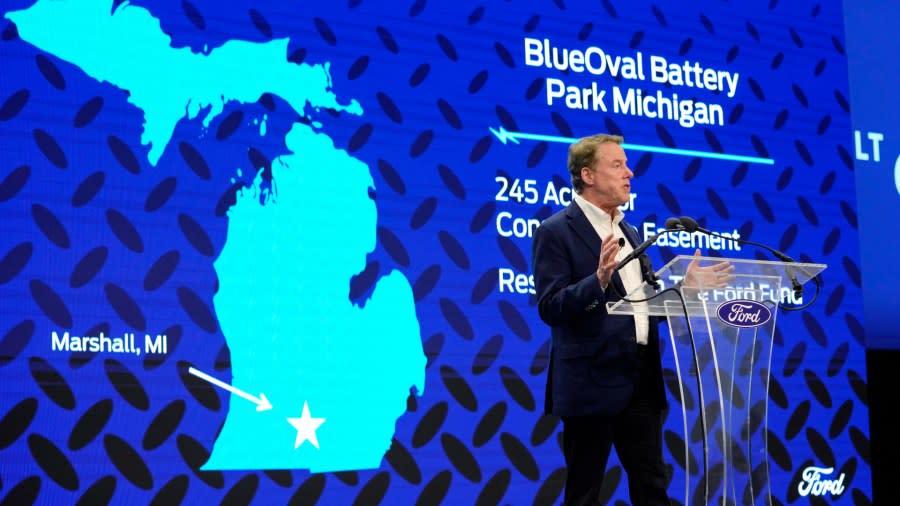 Ford Motor Co., executive chairman Bill Ford, announces the automaker's new BlueOval Battery Park, Monday, Feb. 13, 2023, in Romulus, Mich. The automaker plans to build a $3.5 billion electric vehicle battery plant about 100 miles west of Detroit that would employ about 2,500 people. The plant was revealed Monday at a meeting of the Michigan Strategic Fund, which approved a large state tax incentive package for the project near the city of Marshall. (AP Photo/Carlos Osorio)