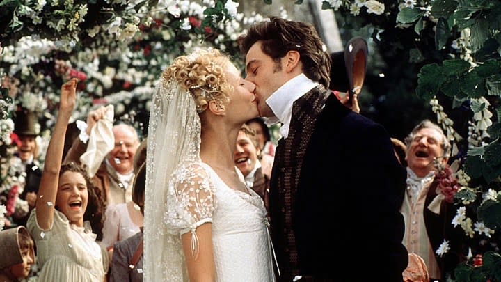 Gwyneth Paltrow and Jeremy Northam as Emma Woodhouse and Mr. Knightley kissing at their wedding in 1996's Emma.