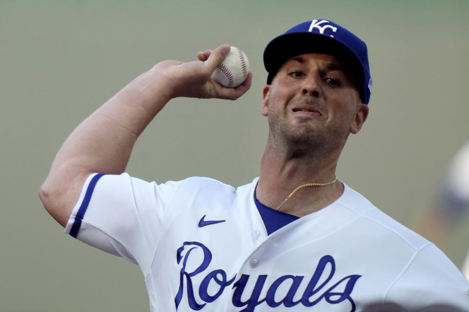 Kansas City Royals relief pitcher Mike Mayers throws during the first inning of a baseball game against the Detroit Tigers Tuesday, May 23, 2023, in Kansas City, Mo. (AP Photo/Charlie Riedel)