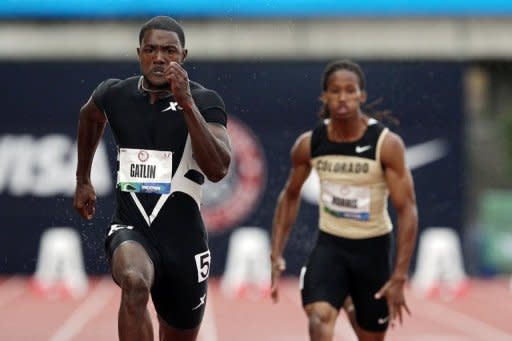 Justin Gatlin competes in the men's 100m dash preliminary during Day Two of the 2012 US Olympic Track & Field Team Trials at Hayward Field, on June 23, in Eugene, Oregon. Gatlin ran 9.90sec in the rain to set the qualifying pace, sending a message to global foes that he is ready for battle