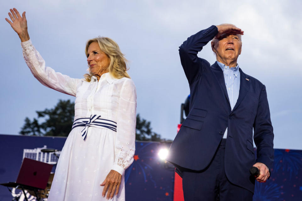 President Joe Biden walk on stage during a 4th of July event on the South Lawn of the White House 