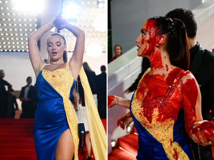 A protestor poured fake blood on herself on the Cannes red carpet.