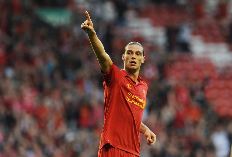 LIVERPOOL, ENGLAND - AUGUST 12:  (THE SUN OUT AND THE SUN ON SUNDAY OUT) Andy Carroll of Liverpool celebrates his goal during the Pre Season Friendly between Liverpool and Bayer Leverkusen at Anfield on August 12, 2012 in Liverpool, England.  (Photo by Andrew Powell/Liverpool FC via Getty Images)