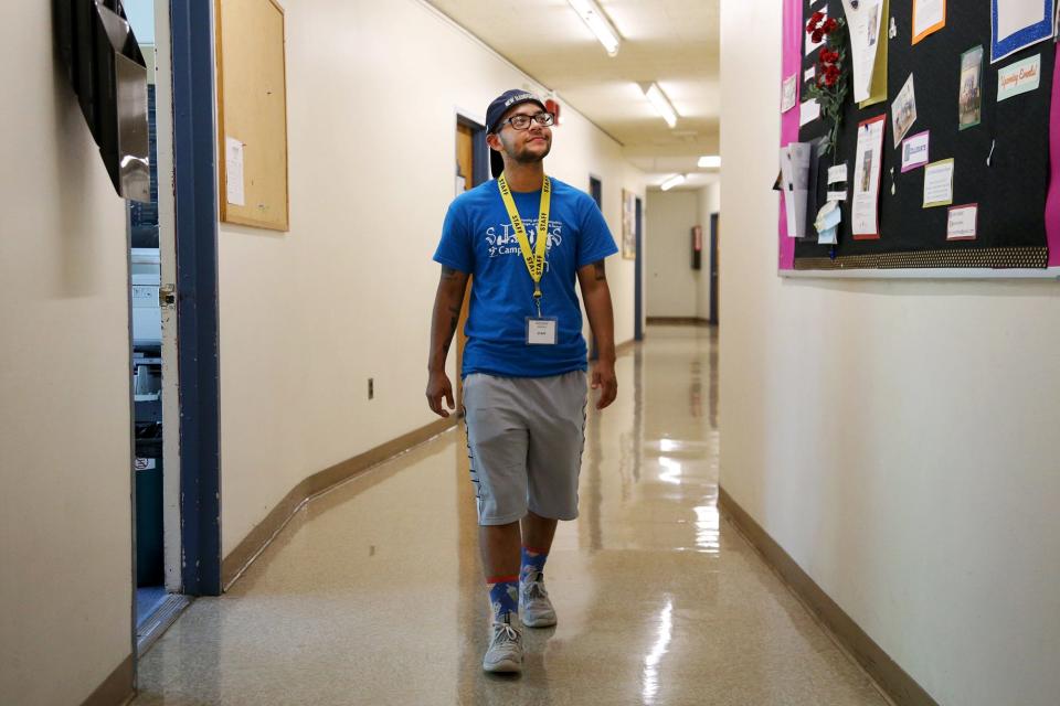 Bryson Badeau, a recent graduate of the theater education program at the University of New Hampshire, is working at a summer camp this summer on campus at the Paul Creative Arts Center, as seen Friday, July 15, 2022.