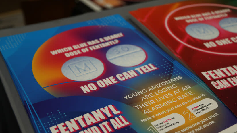 A flier at the September 2023 Arizona Drug Summit shows how visually similar lethal, fentanyl laced blue M30s appear to authentic Oxycodone (Macie Logan) 