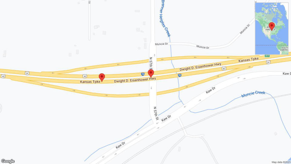 A detailed map that shows the affected road due to 'Warning: Crash on eastbound I-70 in Kansas City' on September 23rd at 1:49 p.m.