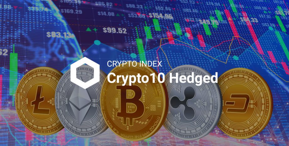 Crypto 10 Hedged Logo vor Bitcoin und anderen Kryptowährungen auf Börsen-Chart-Hintergrund