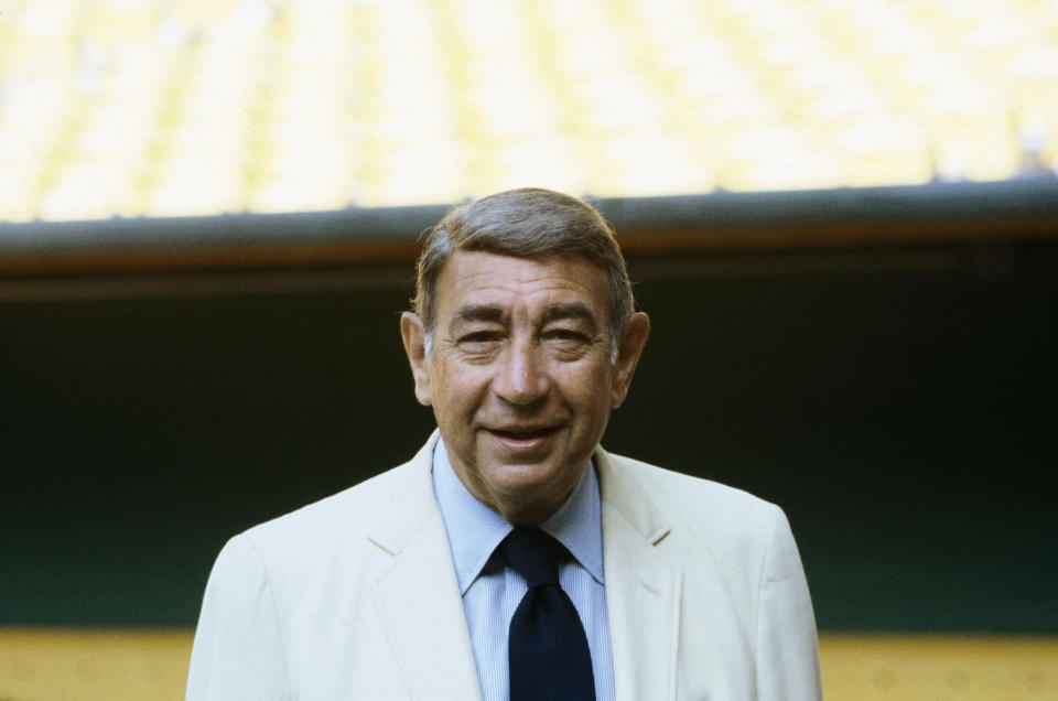 (Original Caption) 1982- Close-up of Television sports announcer Howard Cosell, standing alone and smiling. Photo filed 11/2/1982.