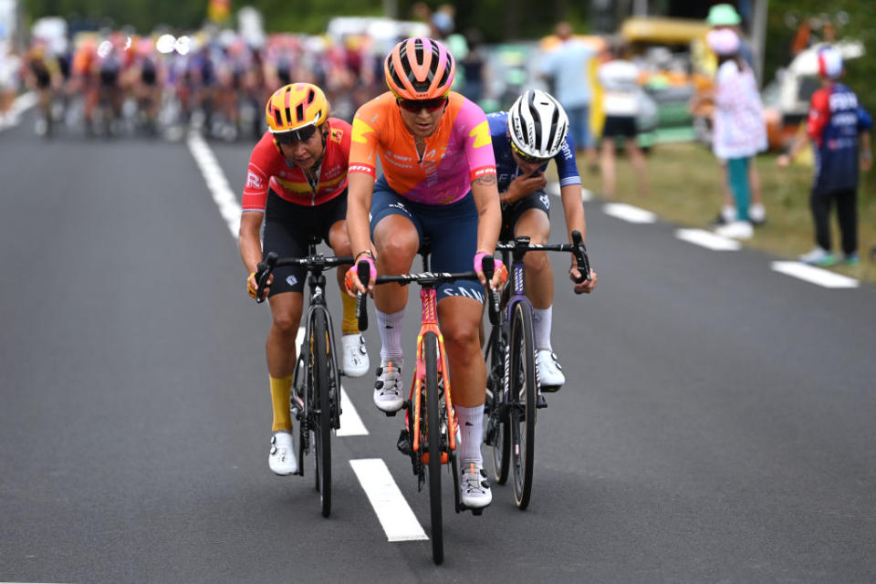 MAURIAC FRANCE  JULY 24 LR Anouska Koster of The Netherlands and Team UnoX Pro Cycling Team Soraya Paladin of Italy and Team CanyonSRAM Racing and Yara Kastelijn of The Netherlands and Team FenixDeceuninck compete in the breakaway during the 2nd Tour de France Femmes 2023 Stage 2 a 1517km stage from ClermontFerrand to Mauriac  UCIWWT  on July 24 2023 in Mauriac France Photo by Tim de WaeleGetty Images