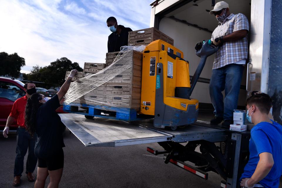 Workers from H-E-B and Food Bank of West Central Texas unload a pallet of Thanksgiving meals outside of the Abilene Convention Center in November 2020