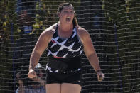 DeAnna Price reacts during the finals of the women's hammer throw at the U.S. Olympic Track and Field Trials Saturday, June 26, 2021, in Eugene, Ore. (AP Photo/Ashley Landis)