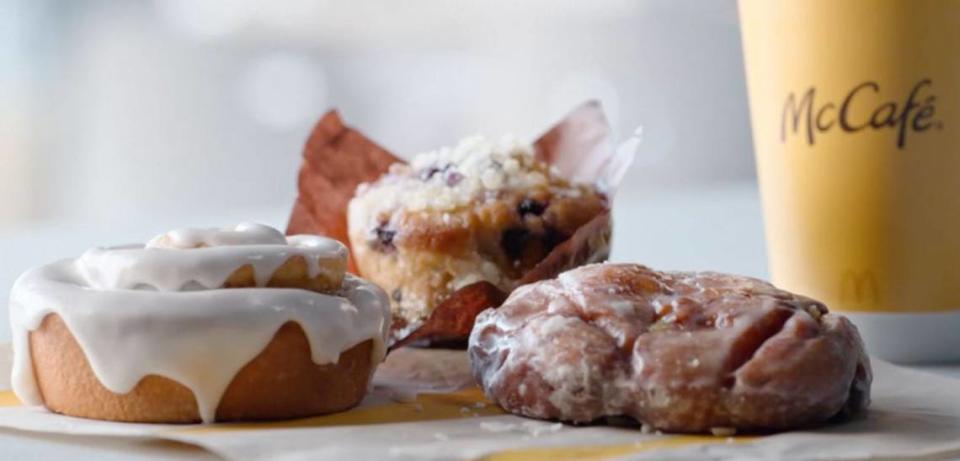 The McCafe Bakery lineup featured a blueberry muffin, apple fritter and cinnamon roll. Photo by McDonald's USA, LLC