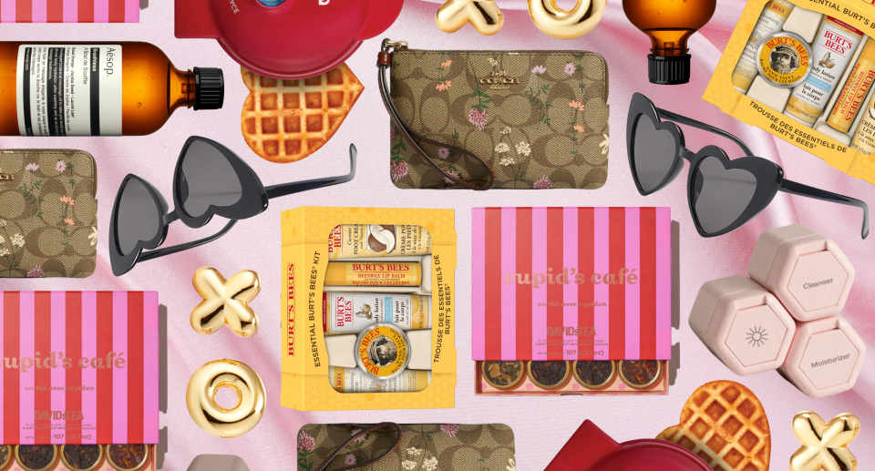 collage of valentine&#39;s day gifts: davids tea cupid&#39;s cafe tea set, cadence packing containers, heart shaped sunglasses, burt&#39;s bees lotion, jenny bird gold XO earrings, coach flower wristlet, aesop body oil, red heart waffle maker