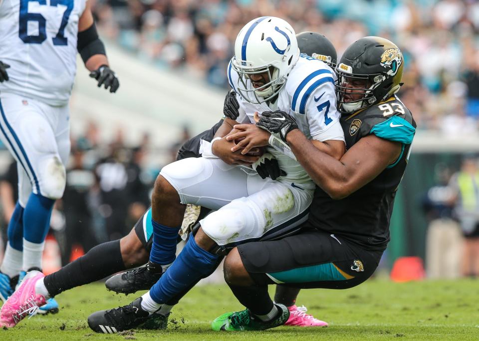 Calais Campbell of the Jaguars sacks Colts quarterback Jacoby Brissett in a 30-10 victory in 2017.