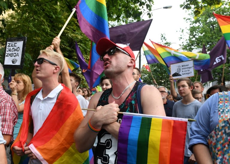 Supporters of LGBT+ rights protest in Warsaw against the city's Archbishop