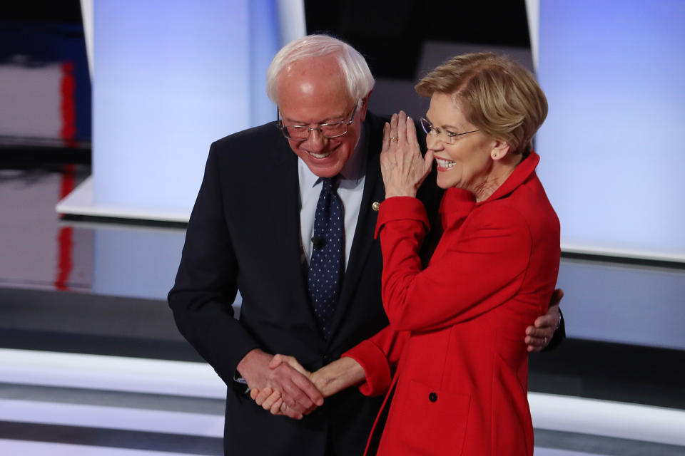 Sanders and Warren greet each other at the start of the Democratic presidential debate last month in Detroit.<i></i> (Photo: Justin Sullivan via Getty Images)