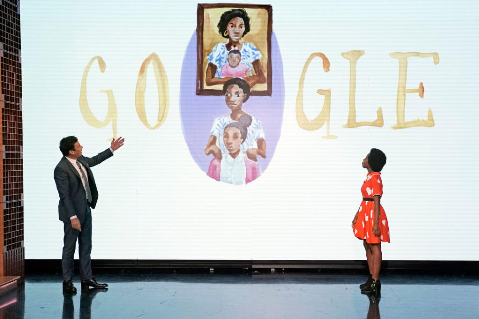 Jimmy Fallon and Doodle for Google National Winner Arantza Peña Popo during the Google Doodle reveal on 'The Tonight Show Starring Jimmy Fallon' on August 12, 2019. | Andrew Lipovsky—NBC/NBCU Photo Bank/Getty Images