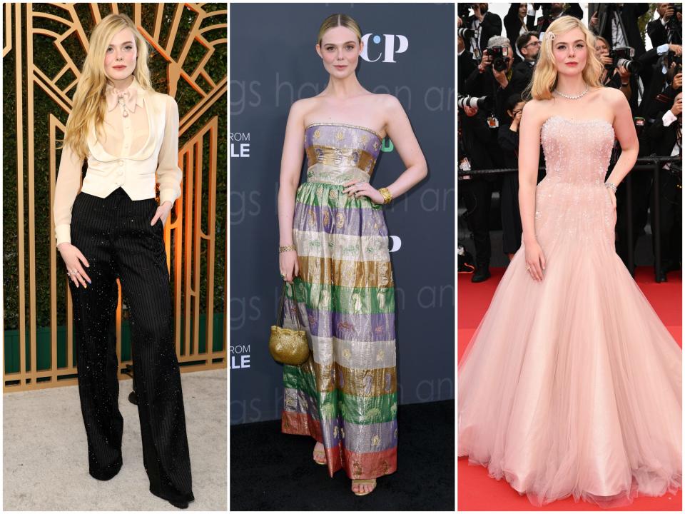 Elle Fanning at the SAG Awards, the Los Angeles screening of "The Girl From Plainville," and the Cannes Film Festival in 2022.