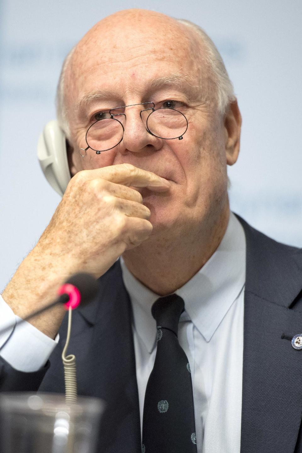 UN Special Envoy of the Secretary-General for Syria Staffan de Mistura informs the media one day before the resumption of the negotiation between the Syrian government and the opposition, at the European headquarters of the United Nations in Geneva, Switzerland, on Wednesday, Feb. 22, 2017. (Martial Trezzini/Keystone via AP)