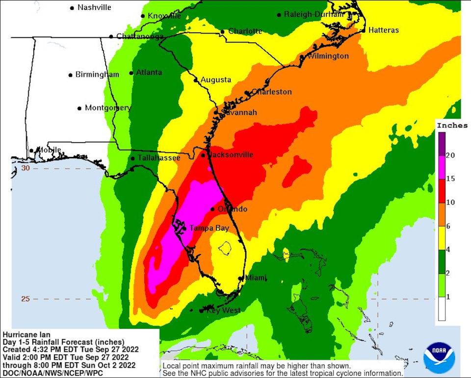 Large parts of the state could see 15 inches or more of rain from Hurricane Ian. <a href="https://www.nhc.noaa.gov/refresh/graphics_at4+shtml/161142.shtml?rainqpf#contents" rel="nofollow noopener" target="_blank" data-ylk="slk:National Hurricane Center;elm:context_link;itc:0;sec:content-canvas" class="link ">National Hurricane Center</a>