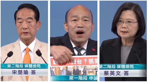 親民黨總統候選人宋楚瑜、國民黨總統候選人韓國瑜、民進黨總統候選人蔡英文。