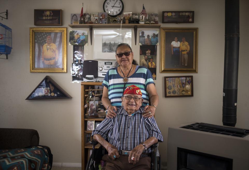 A portrait of Navajo Code Talker Samuel Sandoval and his wife, Malula Sandoval, on July 7, 2019, at their home in Shiprock, New Mexico.