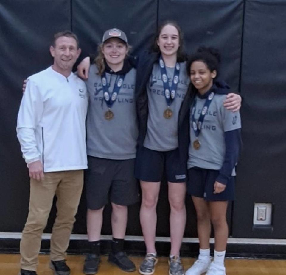 Bald Eagle Area had three girls make the PIAA Championships after placing in the top 4 of their weight at the PIAA Central Regional on Saturday, March 4, 2024 at Milton High School. From left, head coach Eddie Hockenberry, Grace Crestani, Angie Grieb and Eden Eveleth. Photo provided