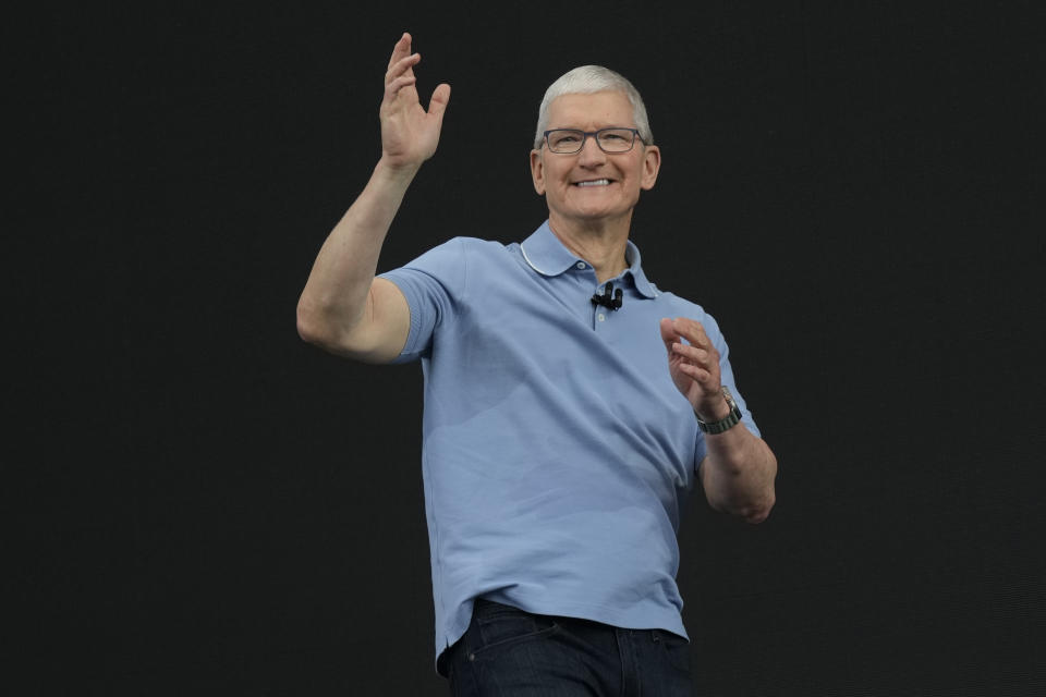Apple CEO Tim Cook speaks during an annoucement of new products on the Apple campus Monday, June 5, 2023, in Cupertino, Calif. (AP Photo/Jeff Chiu)