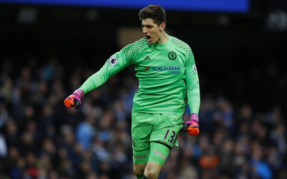 Britain Football Soccer - Manchester City v Chelsea - Premier League - Etihad Stadium - 3/12/16 Chelsea's Thibaut Courtois celebrates their second goal scored by Willian Reuters / Phil Noble Livepic EDITORIAL USE ONLY. No use with unauthorized audio, video, data, fixture lists, club/league logos or "live" services. Online in-match use limited to 45 images, no video emulation. No use in betting, games or single club/league/player publications. Please contact your account representative for further details.