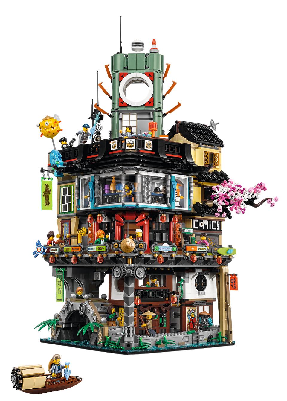 <p>A look at the fully assembled 4,867-piece three-level set, which includes a traditional fishing boat and 16 minifigures: Jay, Kai and Lloyd Garmadon, Green Ninja Suit, Misako, Jamanakai Villager, Sally, Ivy Walker, Konrad, Severin Black, Tommy, Guy, Juno, Mother Doomsday, Shark Army Gunner and Officer Noonan, plus Sweep the maintenance robot. It will retail for $299.99. (Credit: Lego) </p>