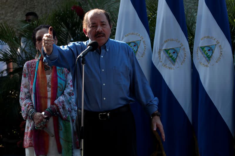 Nicaragua's President Daniel Ortega speaks after voting in the municipal elections at a polling station in Managua, Nicaragua