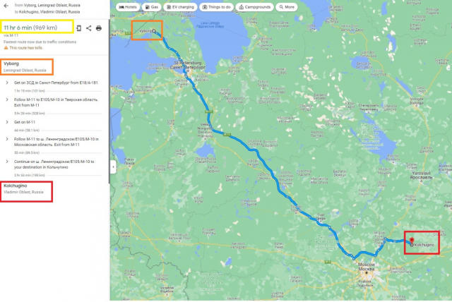 <span>Captura de pantalla de Google Maps que muestra la ruta por carretera de Vyborg a Kolchugino, hecha el 28 de abril de 2023</span>