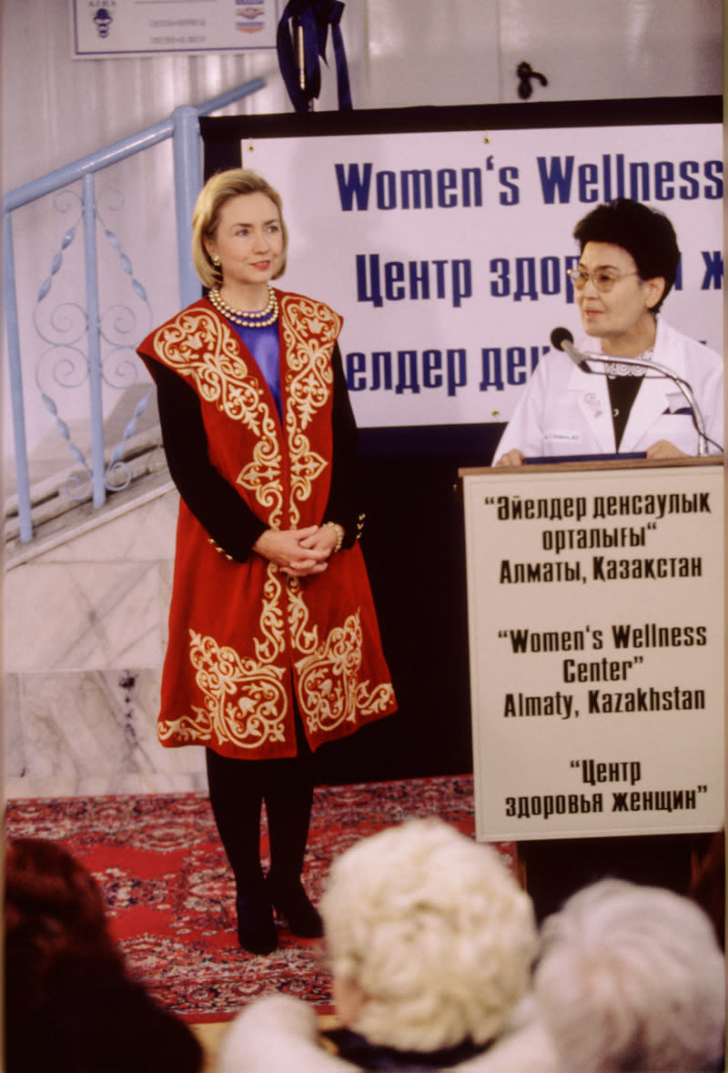 Hillary Clinton in a Kazakh national costume on November 10, 1997