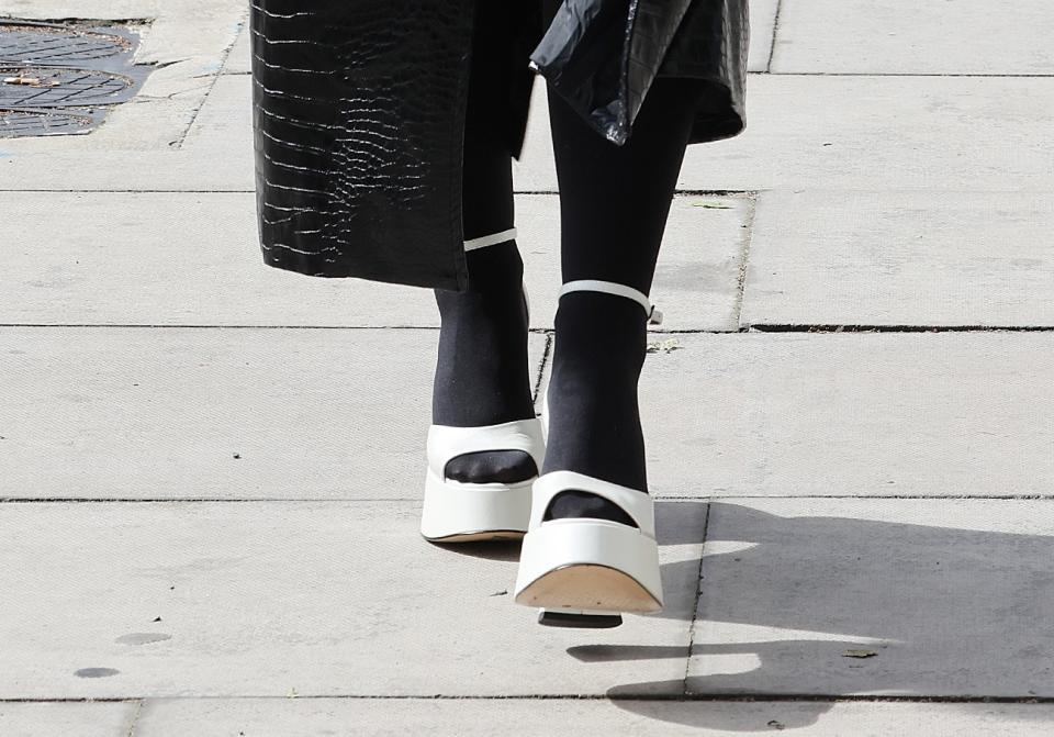 Meghan Trainor, platforms, sandal heel, white and black, London