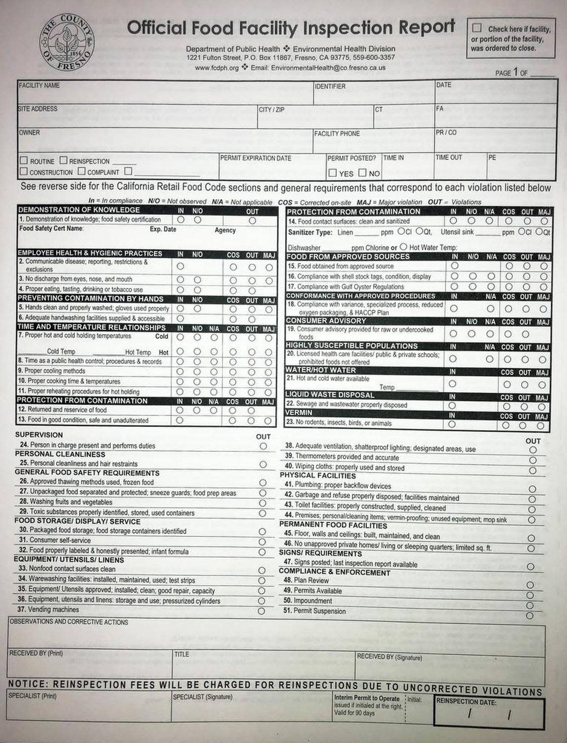 The first page of the form used by Fresno County health inspectors includes a checklist list of more than 50 factors that are checked for compliance with food handling and food safety regulations. Fresno County Environmental Health Division
