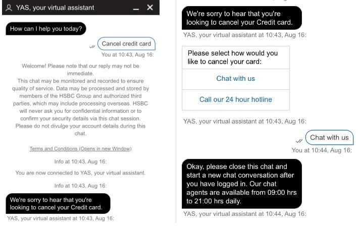 To cancel your HSBC credit card online, visit the HSBC website, and login. Then, start a conversation with the Chatbot.