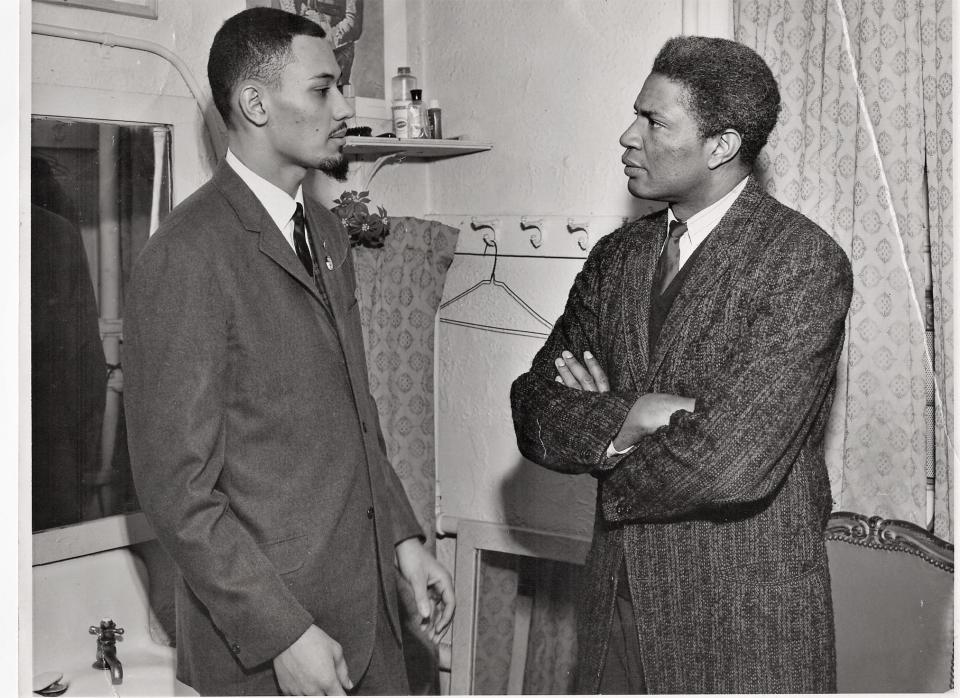 Weldon Rougeau, left, speaks with Ossie Davis during a trip to New York in 1962, where Rougeau and other civil rights activists recounted their experiences for a Commission of Inquiry into the Administration of Justice in the Freedom Struggle, led by Eleanor Roosevelt.