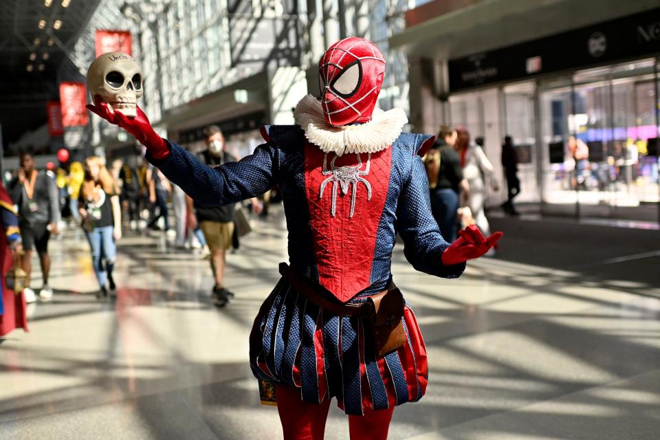 A cosplayer dressed as a clown-inspired Spider-Man at New York Comic Con 2022.